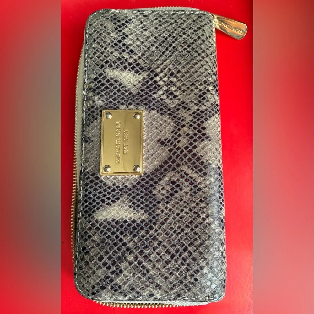 Michael Kors Silver Snake-Print Zip Wallet with Gold Plate